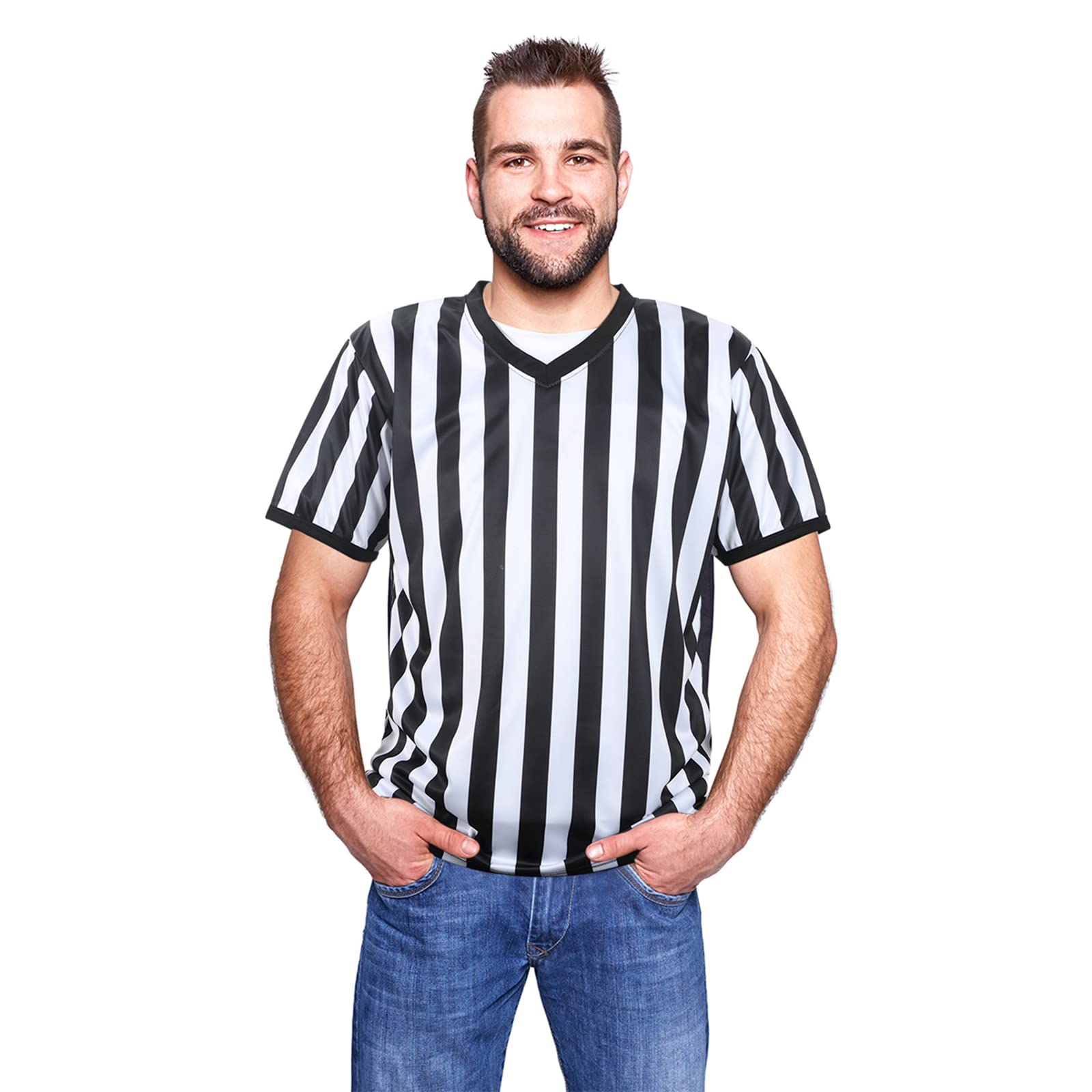 SATINIOR Men's Official Uniform Black and White Stripe Pro-Style Neck Referee Shirt, Officiating Umpire Jersey and Stainless Steel Whistle with Lanyard for Halloween Basketball Football Soccer(S)