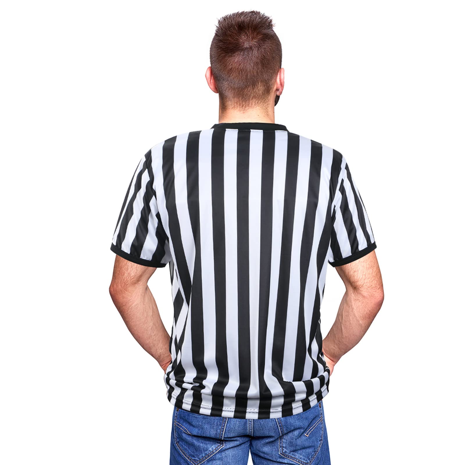 SATINIOR Men's Official Uniform Black and White Stripe Pro-Style Neck Referee Shirt, Officiating Umpire Jersey and Stainless Steel Whistle with Lanyard for Halloween Basketball Football Soccer(S)