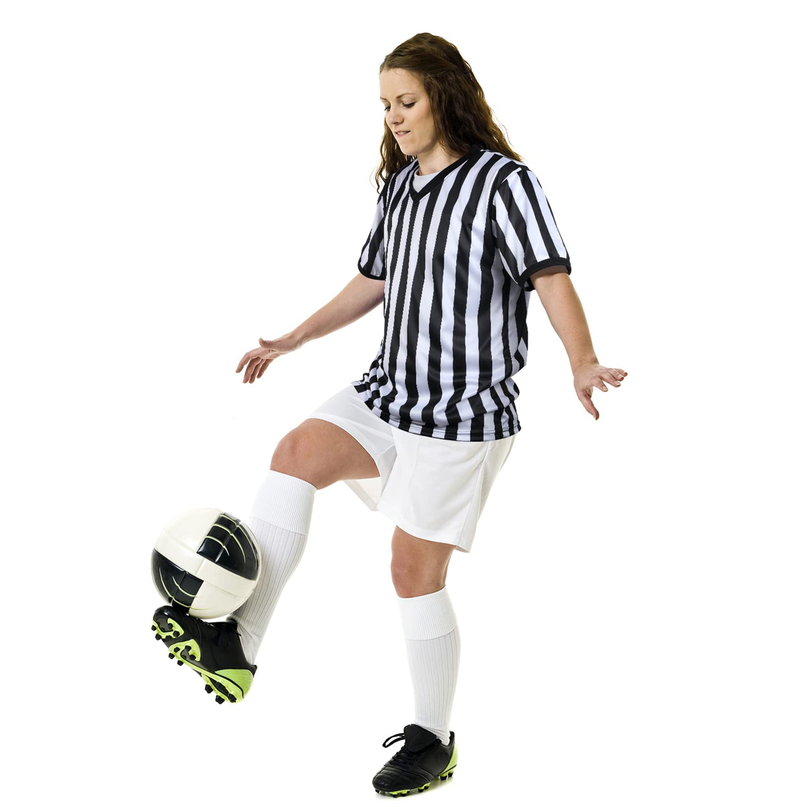 SATINIOR Men's Official Uniform Black and White Stripe Pro-Style Neck Referee Shirt, Officiating Umpire Jersey and Stainless Steel Whistle with Lanyard for Halloween Basketball Football Soccer(S)