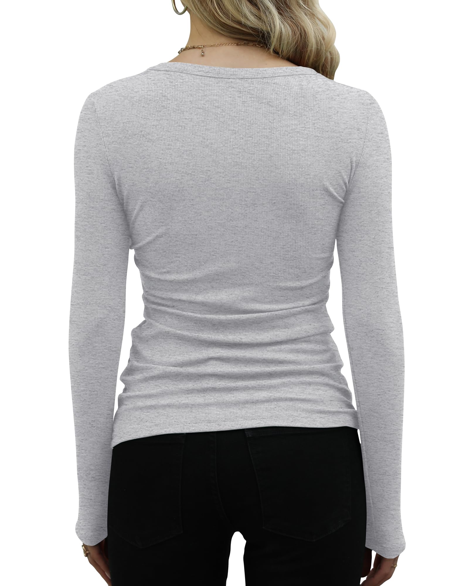 GEMBERA Womens Ribbed Long Sleeve Crewneck Casual Slim Basic Shirts Fitted Knit Tops(3922,Heather Grey-L)