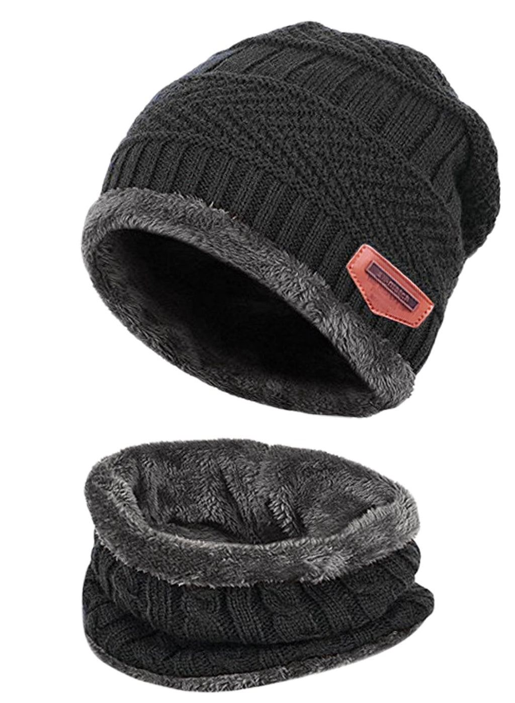 T WILKER 2Pcs Kids Winter Knitted Hats+Scarf Set Warm Fleece Lining Cap for 5-14 Year Old Boys Girls Black