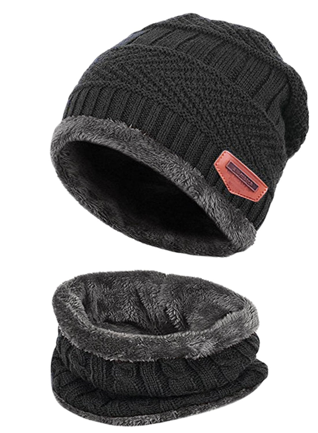 T WILKER 2Pcs Kids Winter Knitted Hats+Scarf Set Warm Fleece Lining Cap for 5-14 Year Old Boys Girls Black
