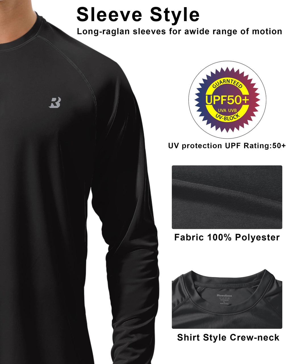 Roadbox Men's 2 Pack UV Sun Protection SPF UPF 50+ Long Sleeve Quick Dry Fishing Shirts Outdoor Rash Guard for Running Hiking Swimming