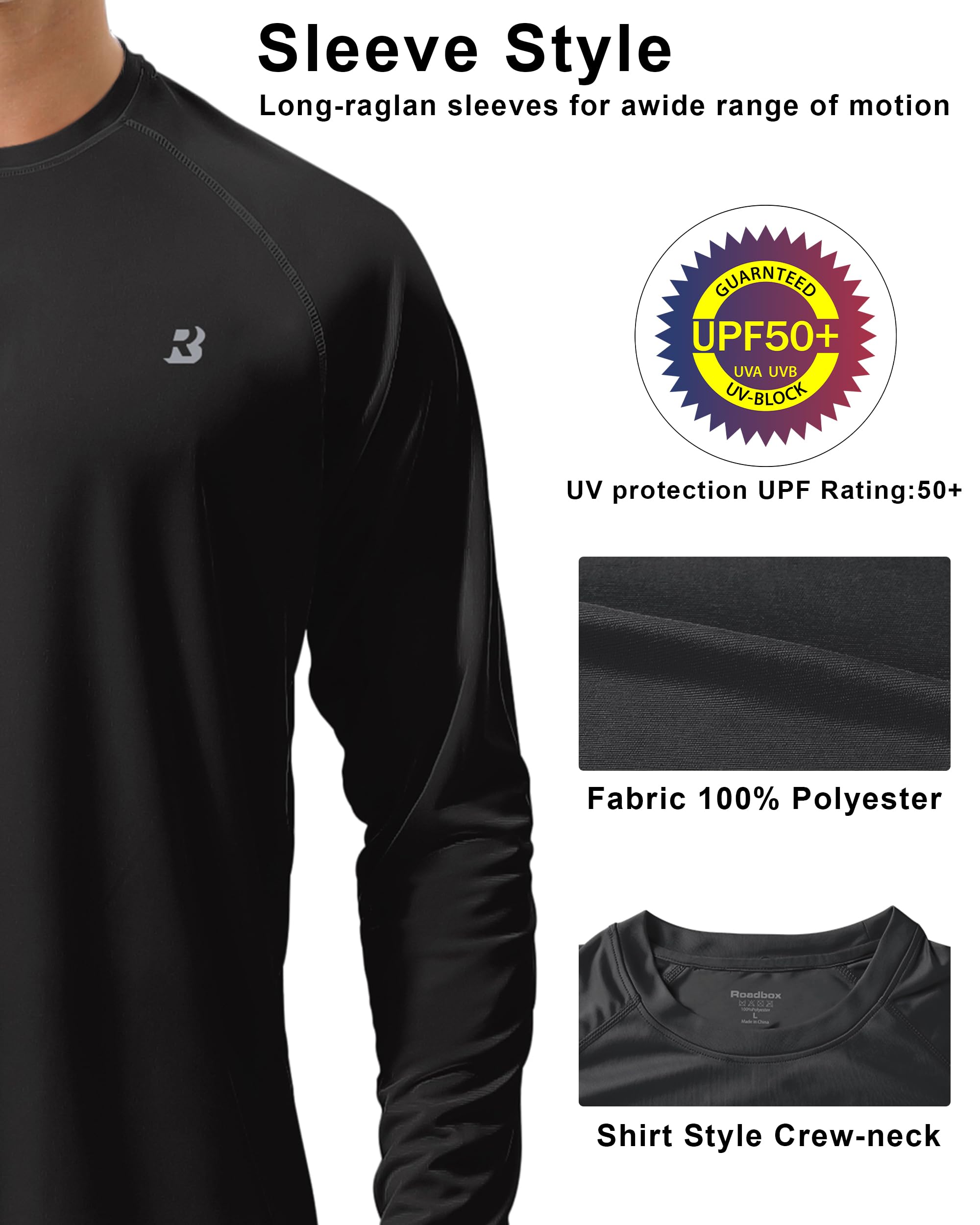 Roadbox Men's 2 Pack UV Sun Protection SPF UPF 50+ Long Sleeve Quick Dry Fishing Shirts Outdoor Rash Guard for Running Hiking Swimming