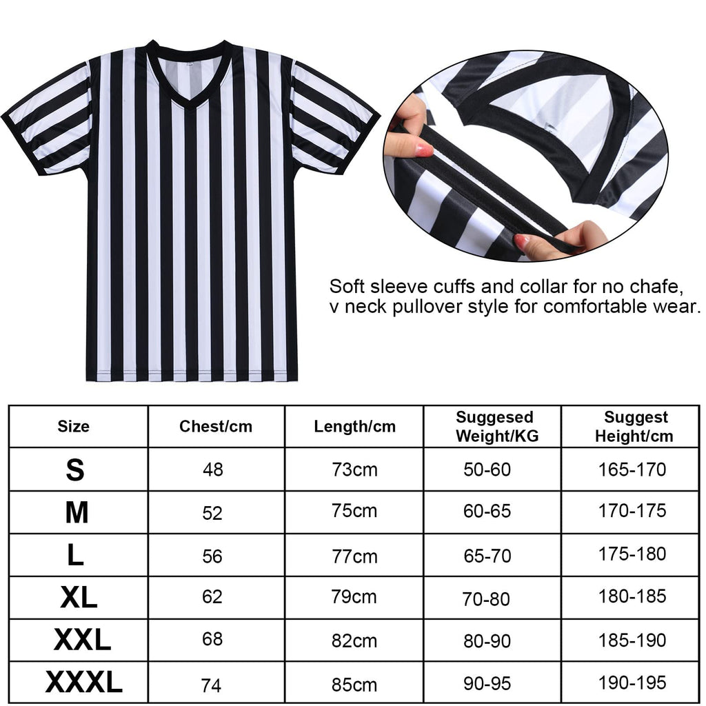 SATINIOR Men's Official Uniform Black and White Stripe Pro-Style Neck Referee Shirt, Officiating Umpire Jersey and Stainless Steel Whistle with Lanyard for Halloween Basketball Football Soccer(S)