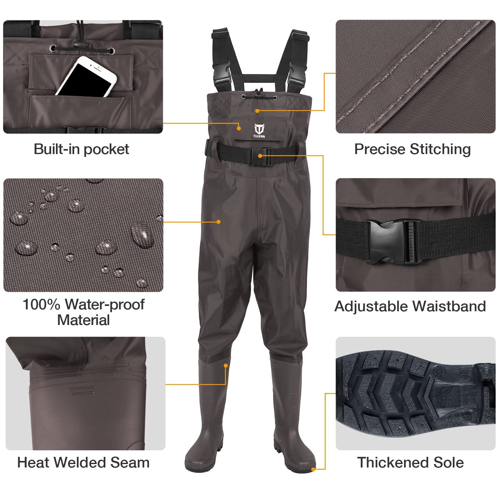 TIDEWE Bootfoot Chest Wader, 2-Ply Nylon/PVC Waterproof Fishing & Hunting Waders with Boot Hanger for Men and Women Brown Size 5