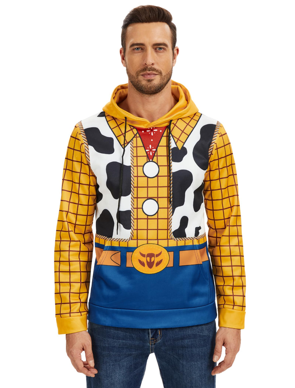 WIIQFD Men's Halloween Cowboy Costume Hooded Sweatshirt 3D Printed Woody Design Drawstring Pullover with Kangaroo Pocket Adult Sizes XXL Yellow