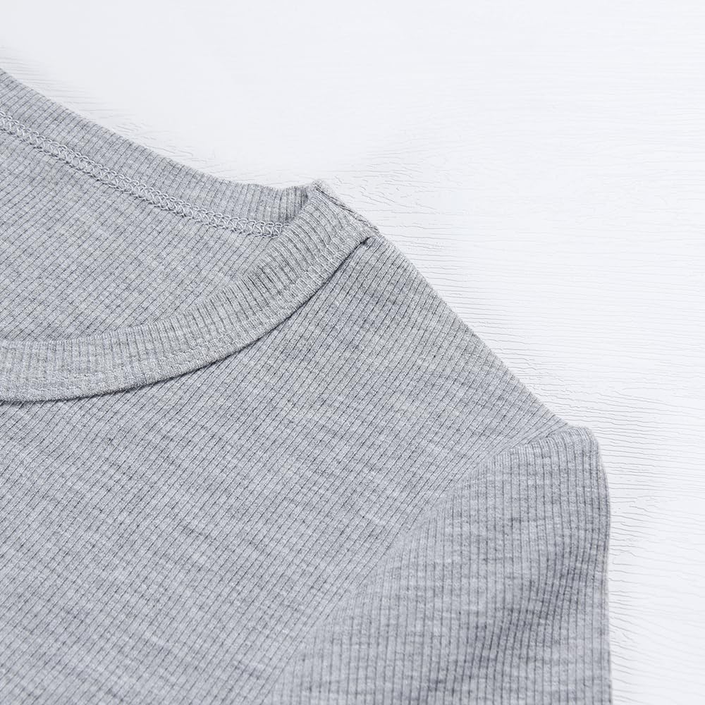 GEMBERA Womens Ribbed Long Sleeve Crewneck Casual Slim Basic Shirts Fitted Knit Tops(3922,Heather Grey-L)