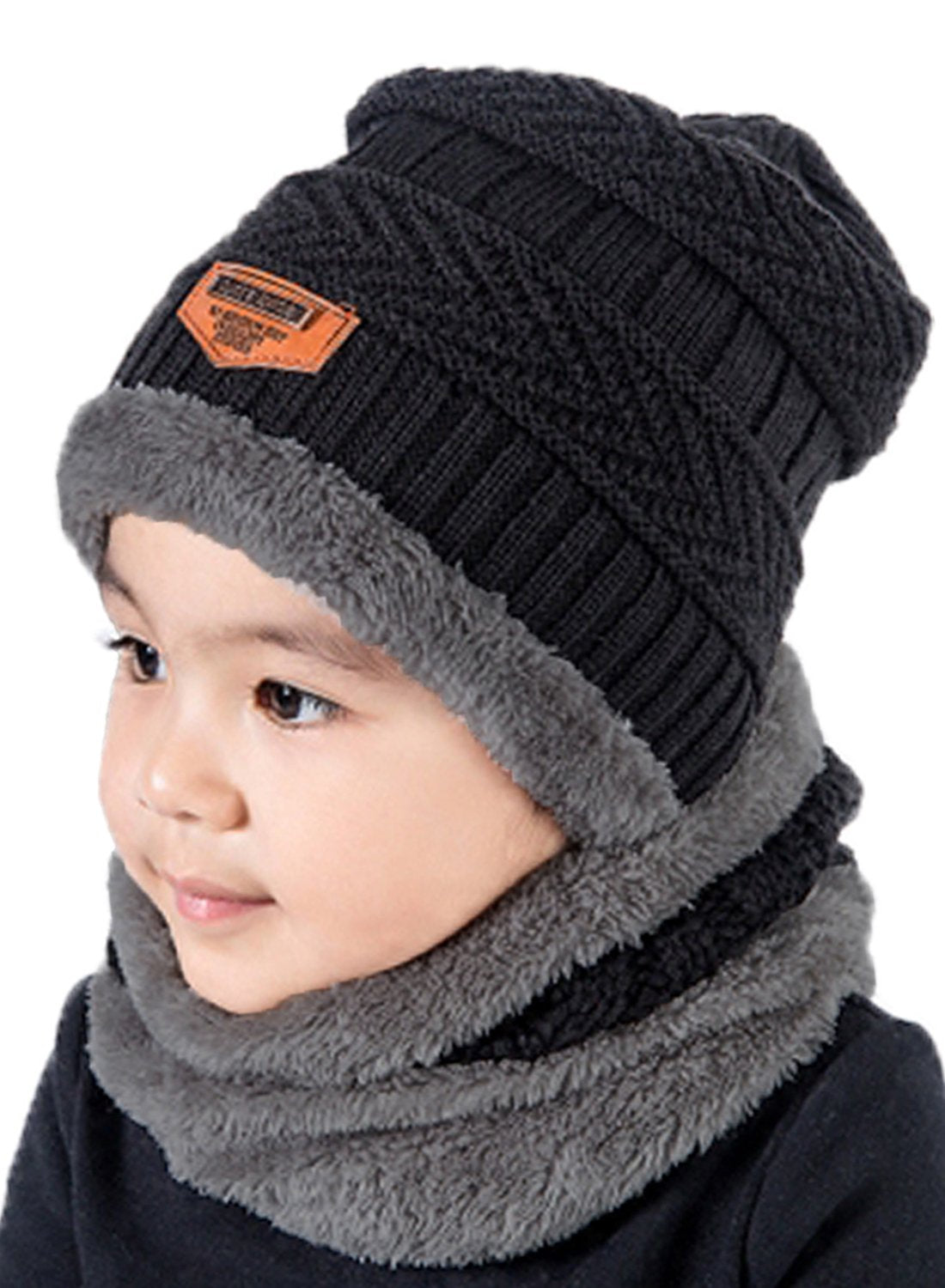 T WILKER 2Pcs Kids Winter Knitted Hats+Scarf Set Warm Fleece Lining Cap for 5-14 Year Old Boys Girls Black