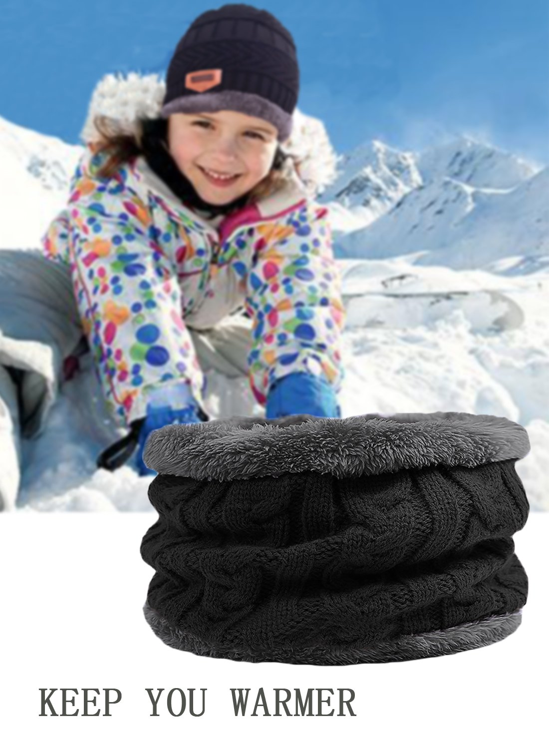 T WILKER 2Pcs Kids Winter Knitted Hats+Scarf Set Warm Fleece Lining Cap for 5-14 Year Old Boys Girls Black