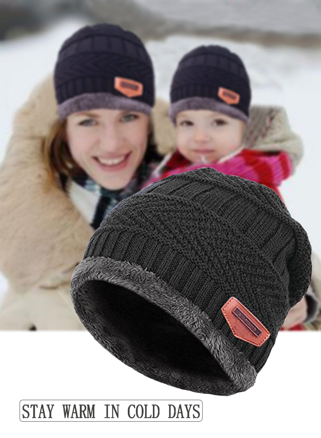 T WILKER 2Pcs Kids Winter Knitted Hats+Scarf Set Warm Fleece Lining Cap for 5-14 Year Old Boys Girls Black