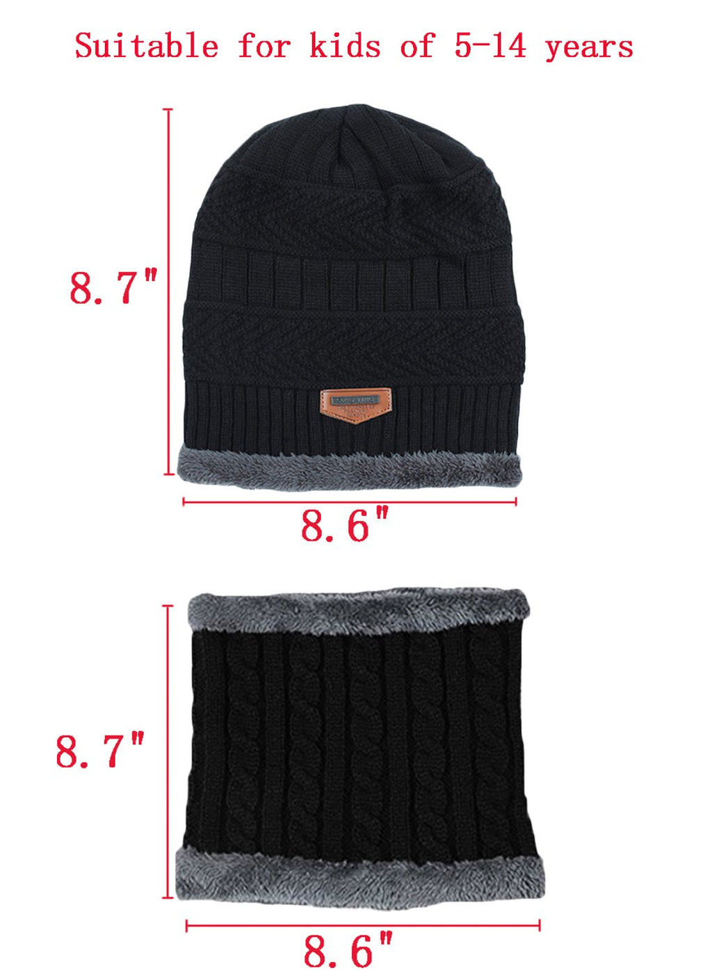 T WILKER 2Pcs Kids Winter Knitted Hats+Scarf Set Warm Fleece Lining Cap for 5-14 Year Old Boys Girls Black