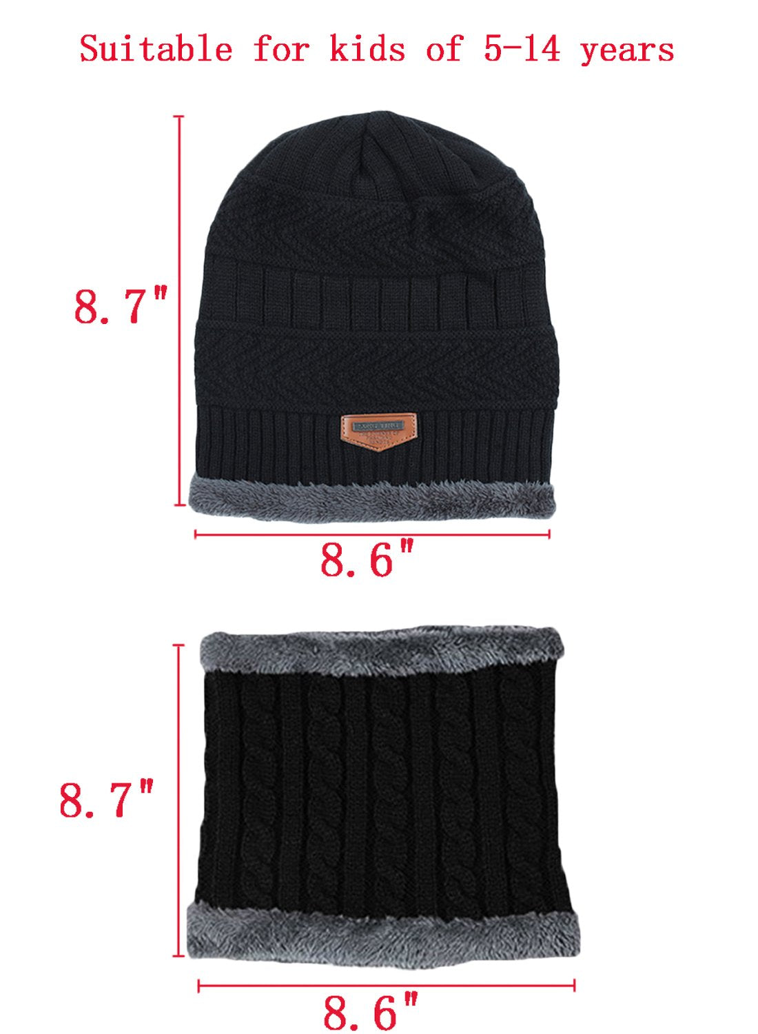 T WILKER 2Pcs Kids Winter Knitted Hats+Scarf Set Warm Fleece Lining Cap for 5-14 Year Old Boys Girls Black