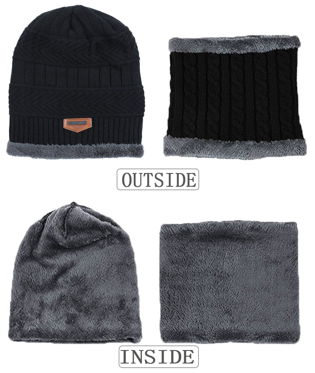 T WILKER 2Pcs Kids Winter Knitted Hats+Scarf Set Warm Fleece Lining Cap for 5-14 Year Old Boys Girls Black