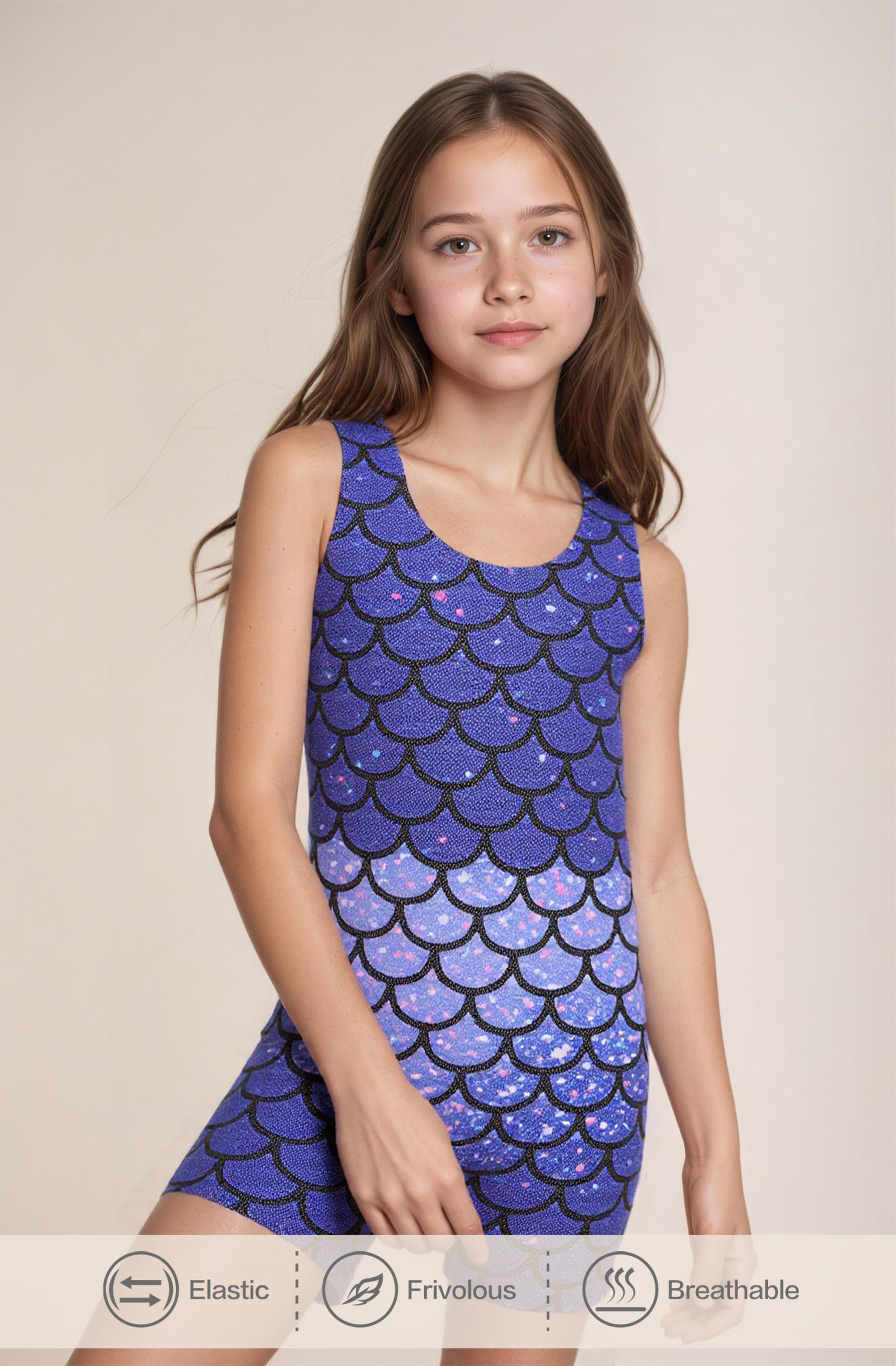 Tstiti Gymnastics Leotards for Girls 2 Pack Sparkly Kids Biketards Dance Unitards Matching Hair Scrunchies Heart Mermaids 3-4 T