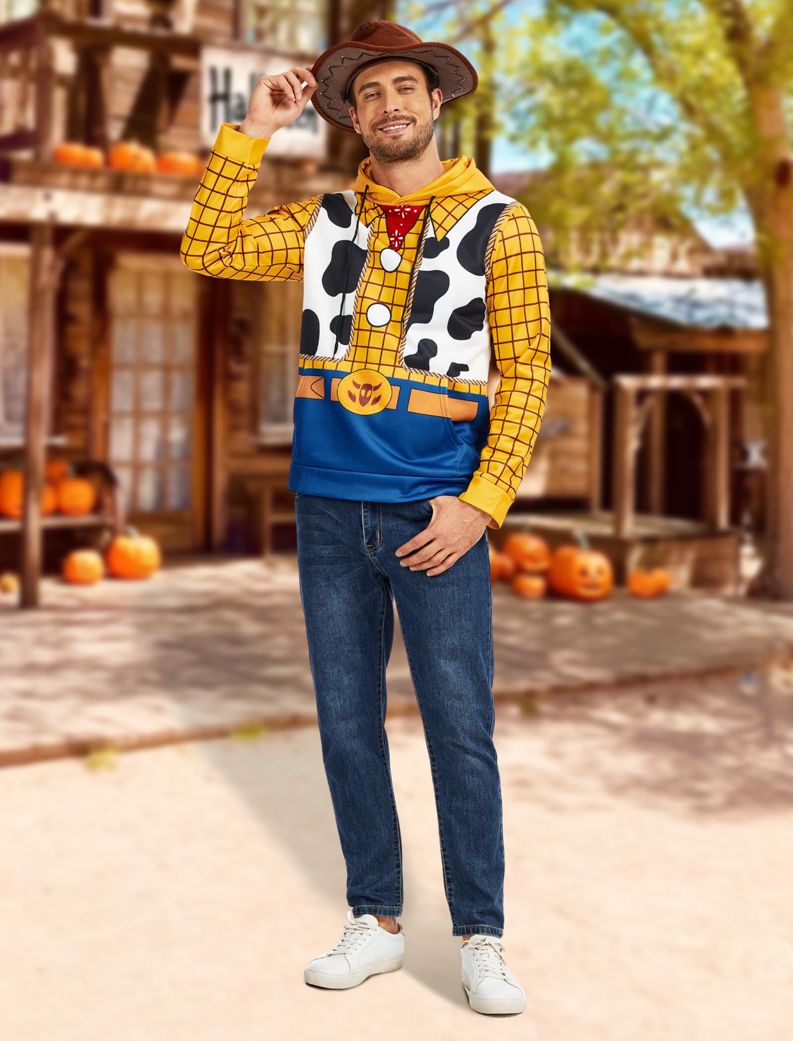 WIIQFD Men's Halloween Cowboy Costume Hooded Sweatshirt 3D Printed Woody Design Drawstring Pullover with Kangaroo Pocket Adult Sizes XXL Yellow