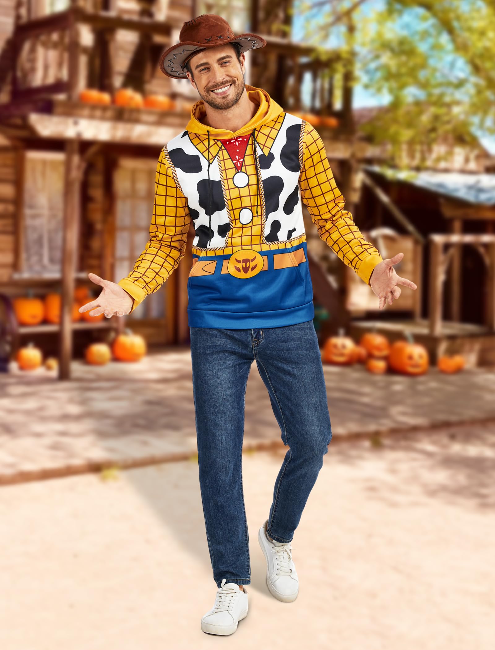 WIIQFD Men's Halloween Cowboy Costume Hooded Sweatshirt 3D Printed Woody Design Drawstring Pullover with Kangaroo Pocket Adult Sizes XXL Yellow