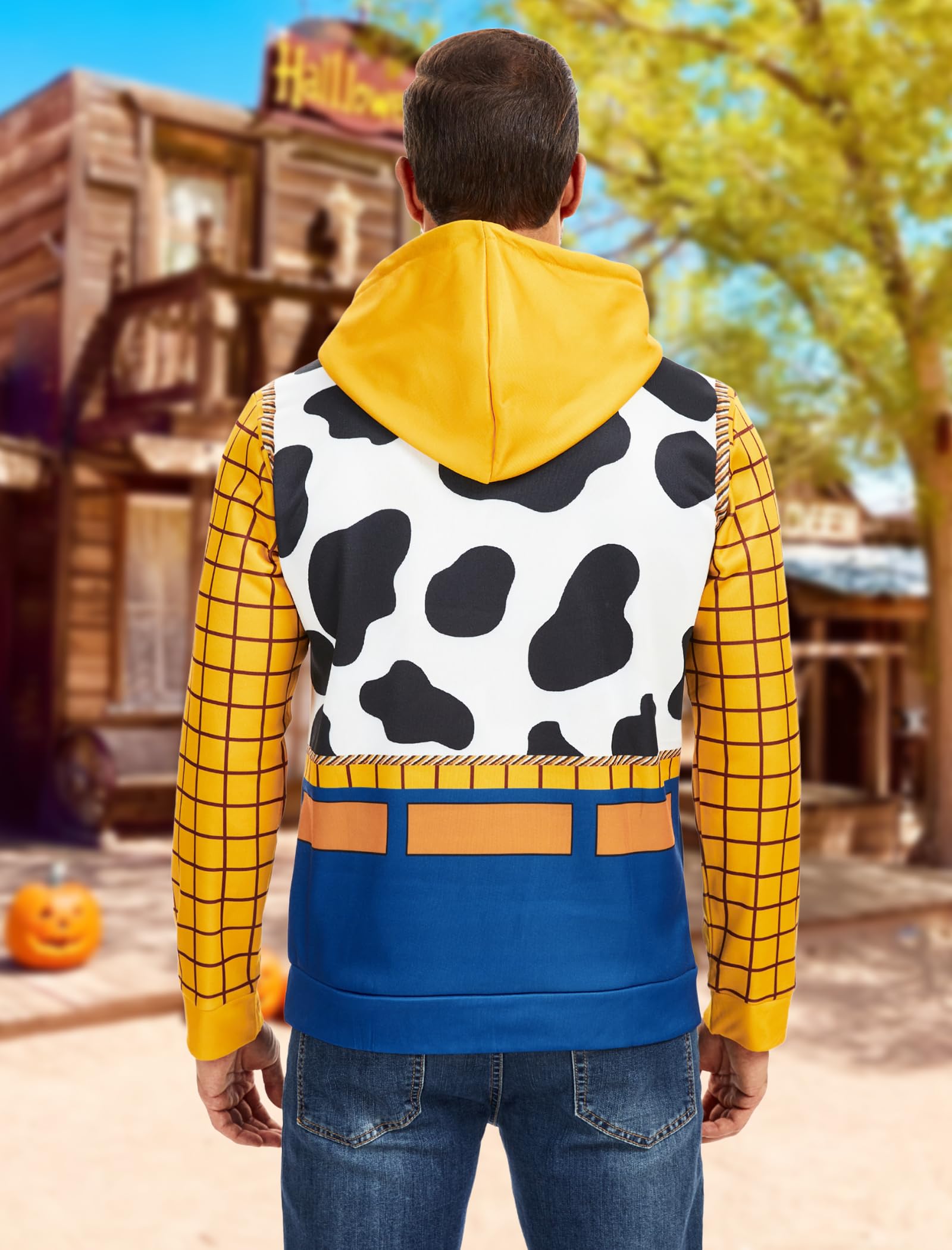 WIIQFD Men's Halloween Cowboy Costume Hooded Sweatshirt 3D Printed Woody Design Drawstring Pullover with Kangaroo Pocket Adult Sizes XXL Yellow