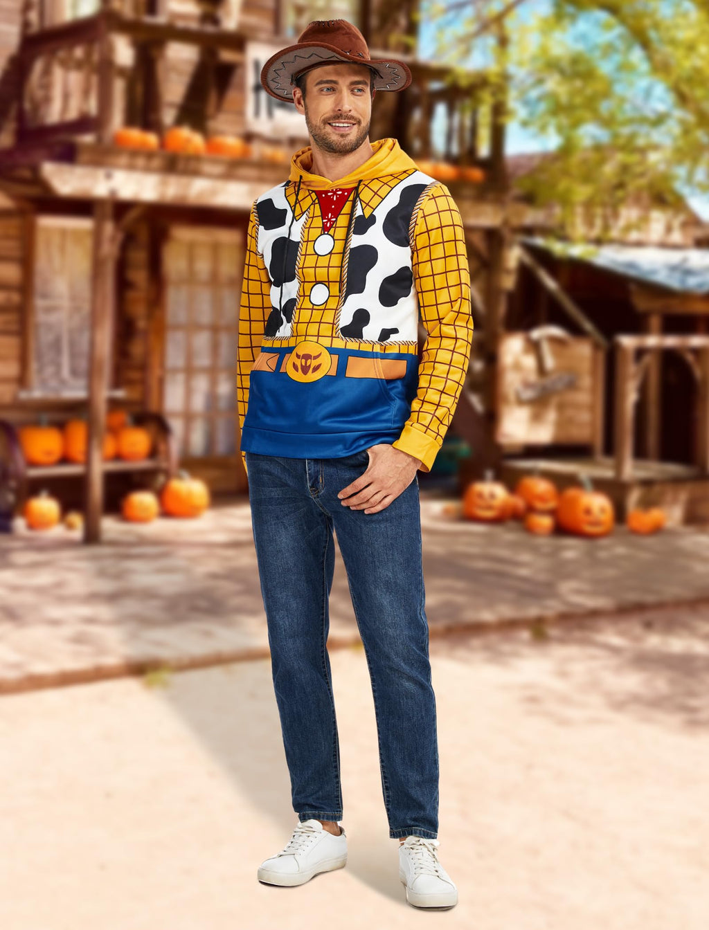 WIIQFD Men's Halloween Cowboy Costume Hooded Sweatshirt 3D Printed Woody Design Drawstring Pullover with Kangaroo Pocket Adult Sizes XXL Yellow