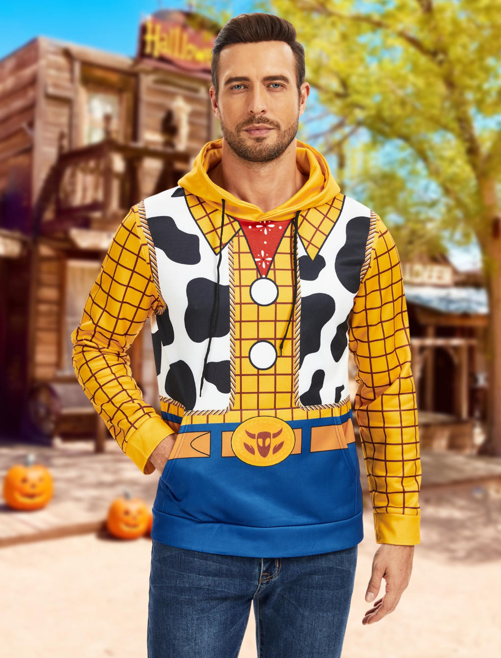 WIIQFD Men's Halloween Cowboy Costume Hooded Sweatshirt 3D Printed Woody Design Drawstring Pullover with Kangaroo Pocket Adult Sizes XXL Yellow