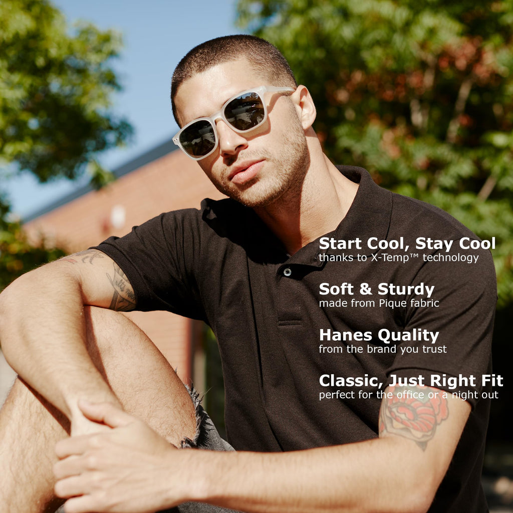 Hanes mens Short Sleeve X-temp W/ Freshiq Polo Shirt, Black, Large US