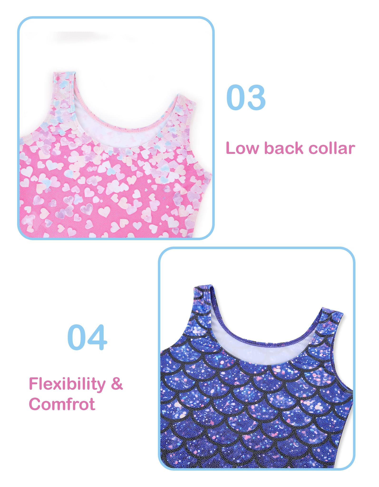 Tstiti Gymnastics Leotards for Girls 2 Pack Sparkly Kids Biketards Dance Unitards Matching Hair Scrunchies Heart Mermaids 3-4 T