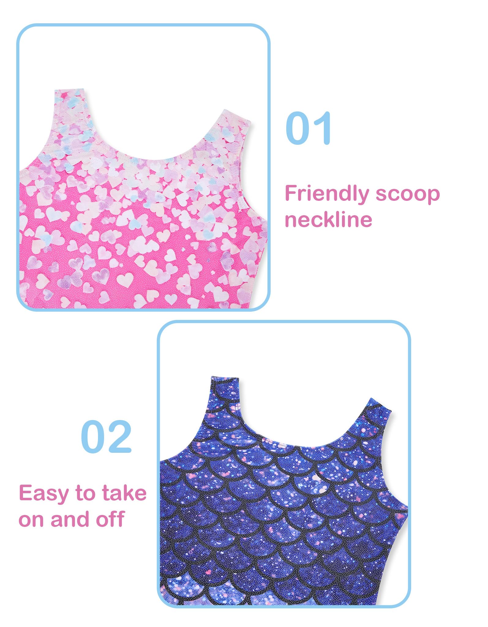 Tstiti Gymnastics Leotards for Girls 2 Pack Sparkly Kids Biketards Dance Unitards Matching Hair Scrunchies Heart Mermaids 3-4 T