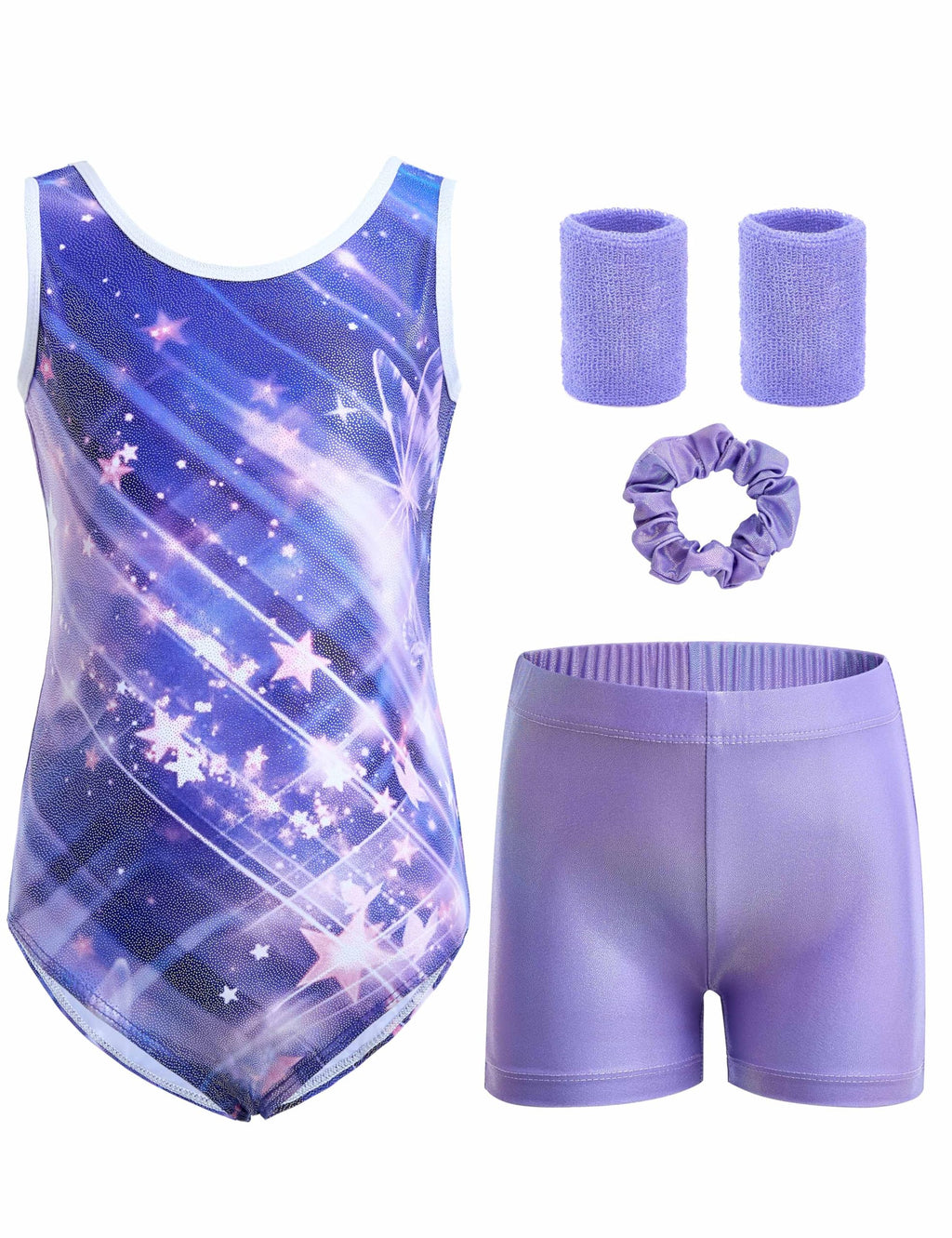 Tstiti 5-Piece Gymnastics Leotards for Girls with Shorts Scrunchie & Wristbands Toddler/Kids Dance Outfit 3-4 T