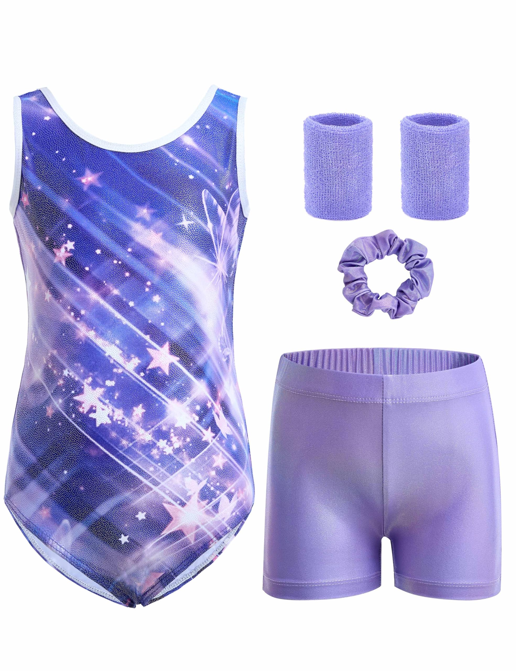 Tstiti 5-Piece Gymnastics Leotards for Girls with Shorts Scrunchie & Wristbands Toddler/Kids Dance Outfit 3-4 T