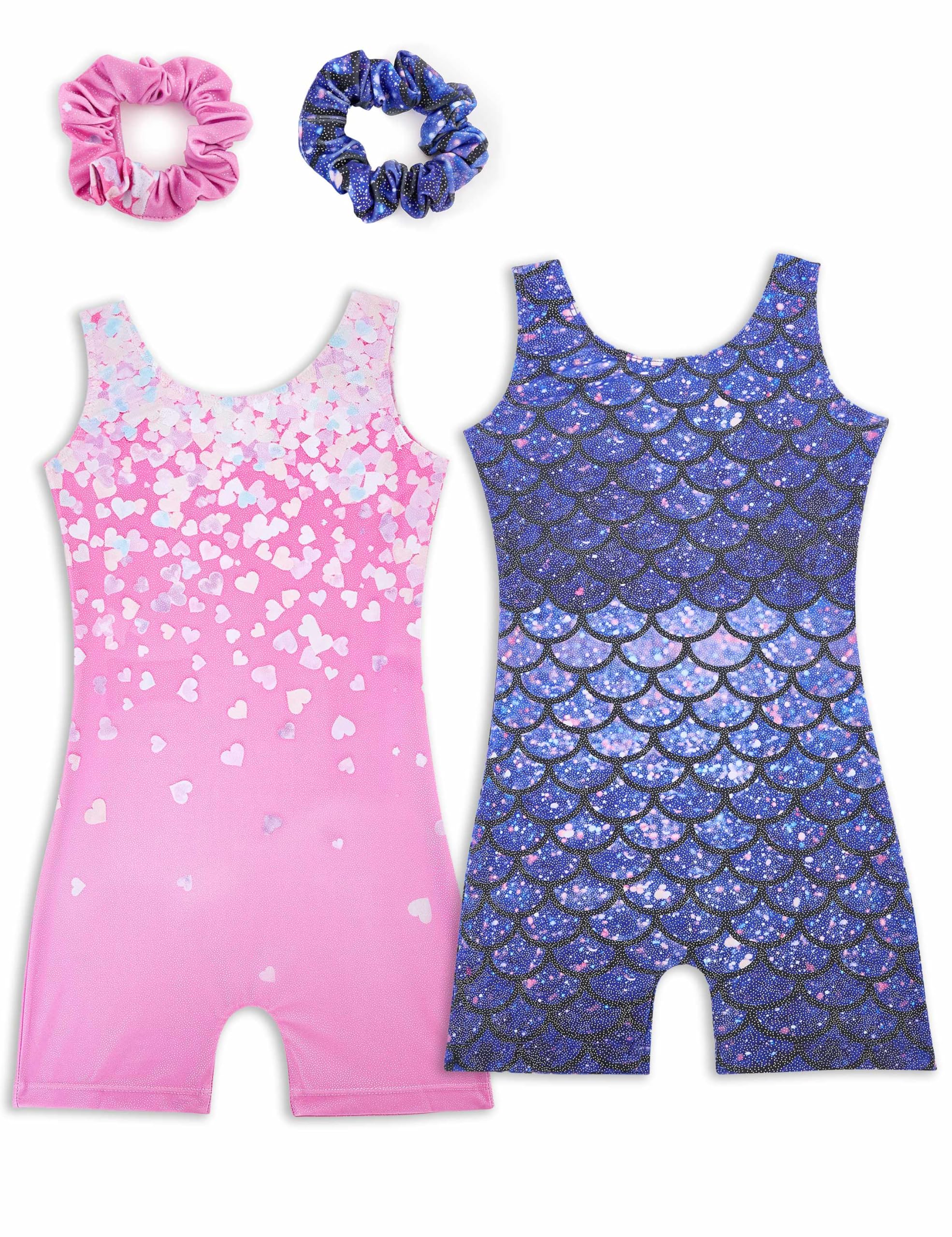Tstiti Gymnastics Leotards for Girls 2 Pack Sparkly Kids Biketards Dance Unitards Matching Hair Scrunchies Heart Mermaids 3-4 T