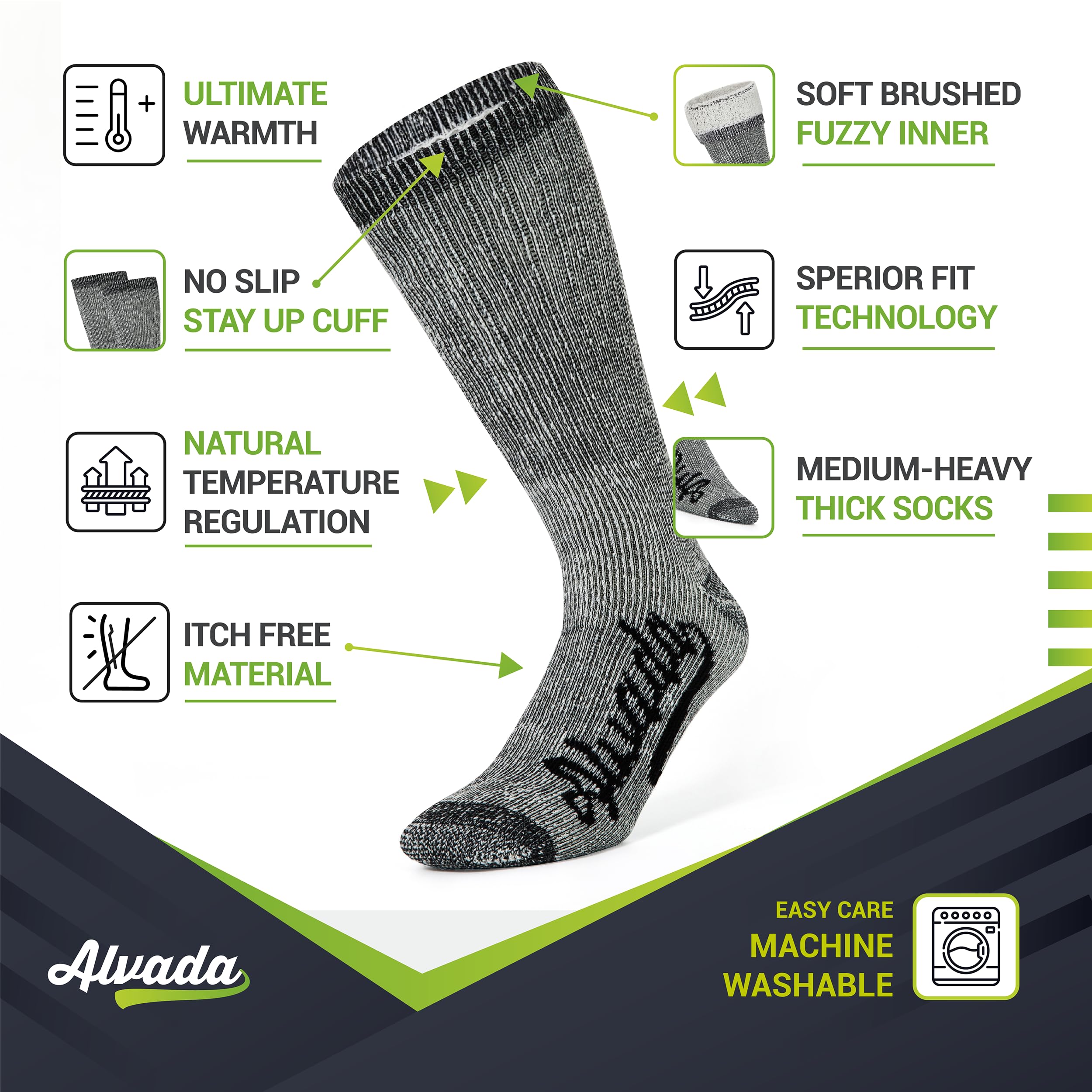 Alvada Merino Wool Hiking Socks Thermal Warm Crew Winter Boot Sock For Men Women 3 Pairs XSS